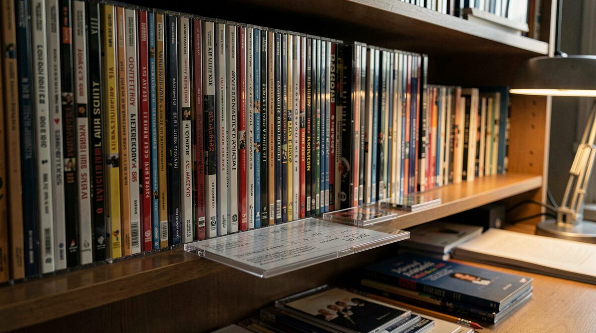 A long shelf of library music compact discs in their printed sleeves, standing upright in a dim studio office, a few jewel cases pulled forward so their spines catch the desk lamp, a cue sheet and a pencil on the shelf edge, no people and no signage