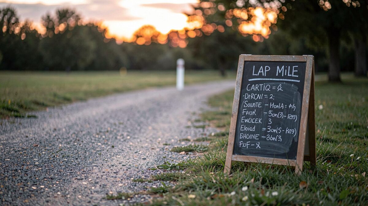 A chalk lap-counting board beside a gravel one-mile loop at dusk, a small white post in the midground, framed at runner's eye level.