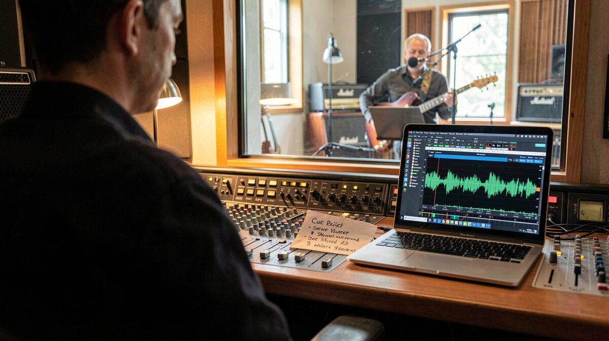 A small recording studio control room at midday, a composer's handwritten cue brief on the console beside a laptop showing a thirty-second waveform, a session guitarist visible through the glass in the live room, warm desk lamp light, medium shot from behind the engineer's chair.