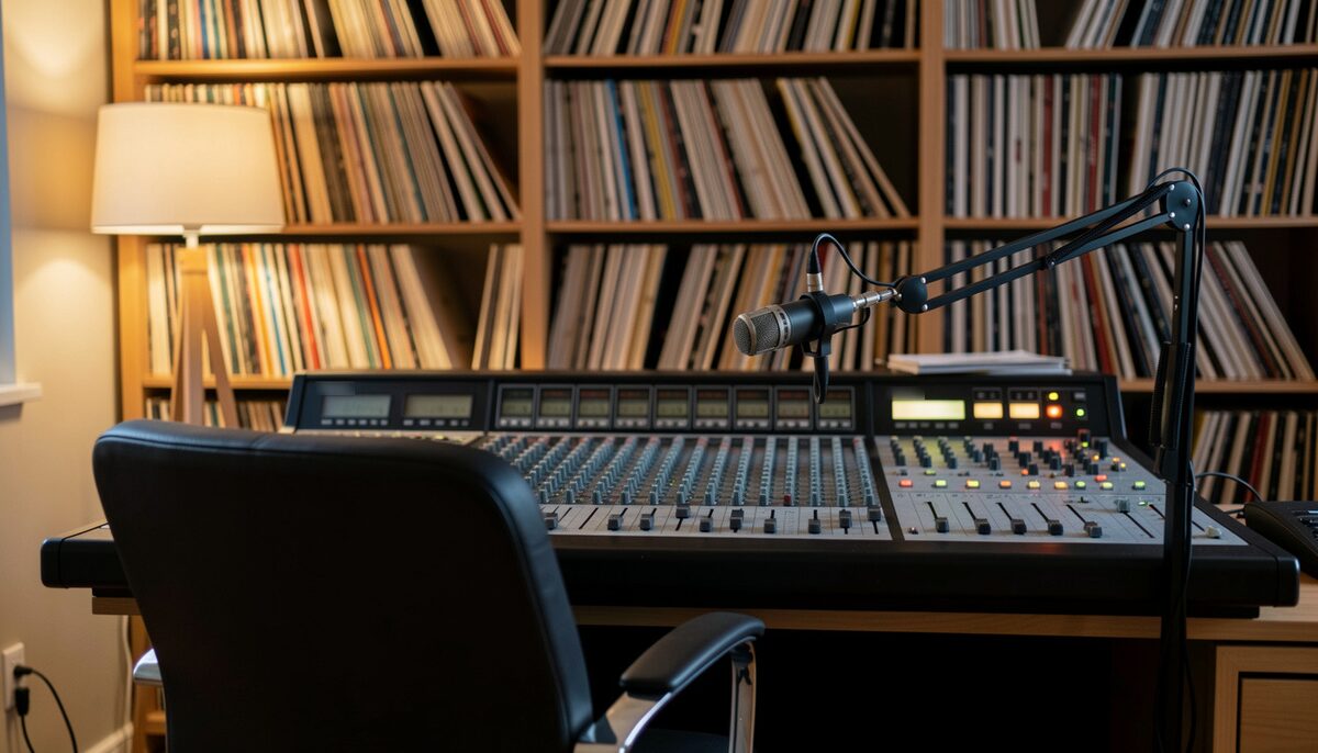 A small local radio studio at dusk, an empty presenter's chair facing the mixing console, a microphone on its swivel arm and shelves of records behind it.