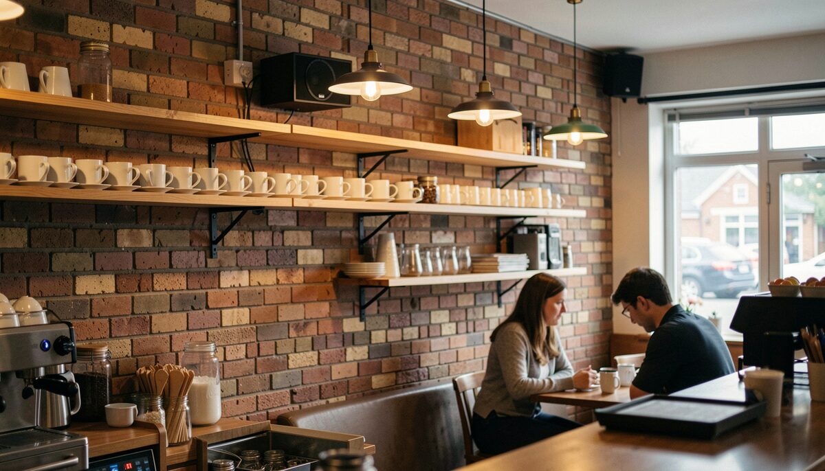 A neighbourhood cafe in the early evening, a small black loudspeaker fixed high on a brick wall above open shelves of white cups, two customers talking at a table under pendant lamps.