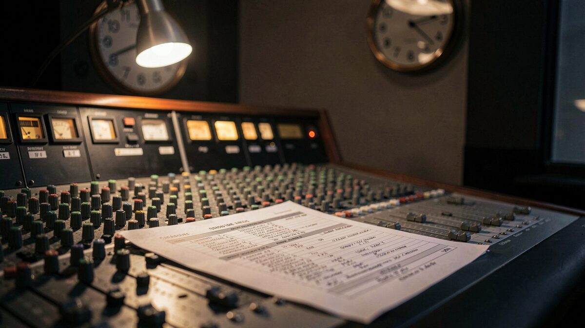 A broadcast studio control room at night, a cue sheet on the console desk under a small lamp, faders and a clock in soft focus behind it.